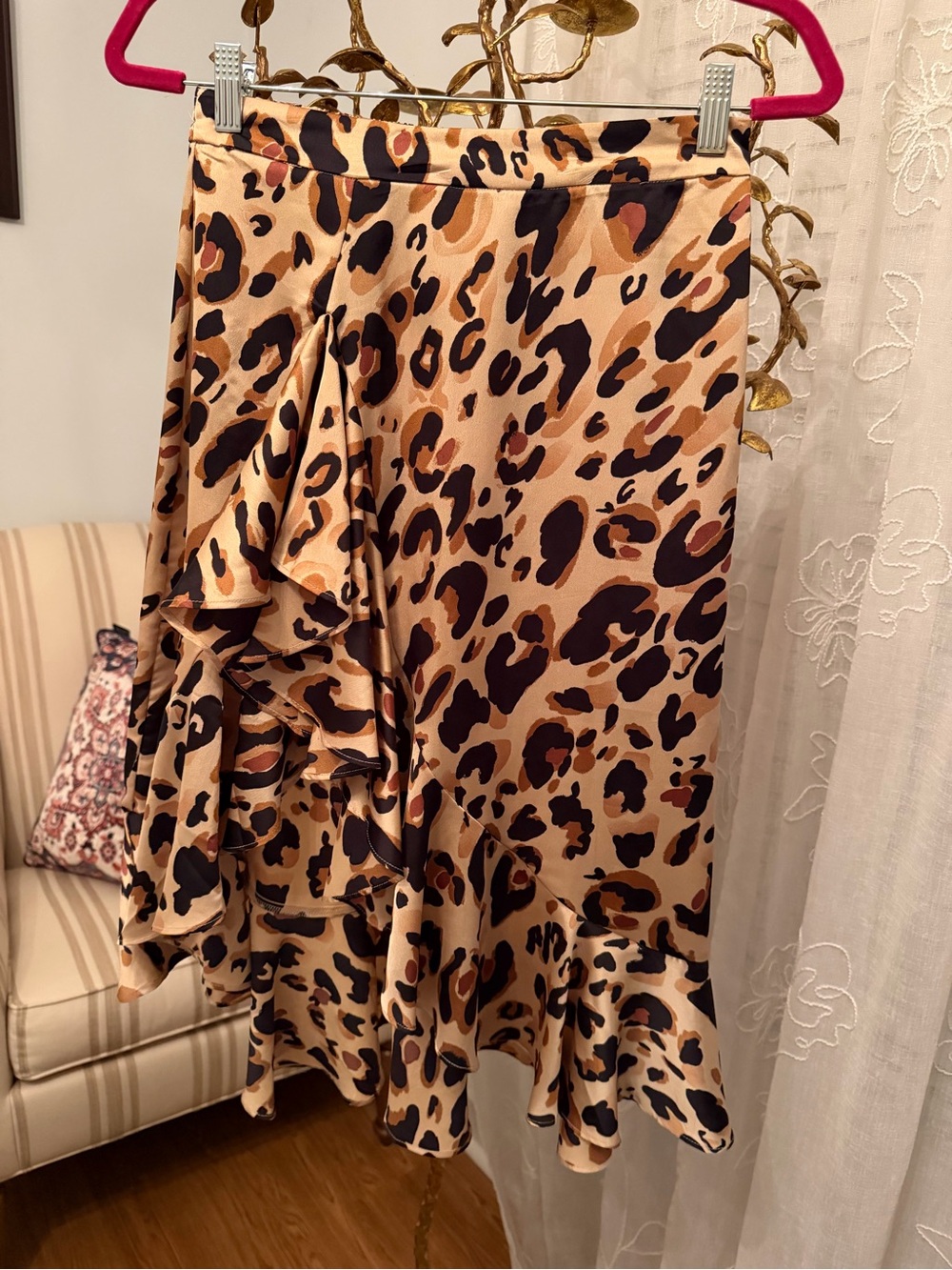 Leopard Print Asymmetrical Ruffle Skirt in Tan and Black